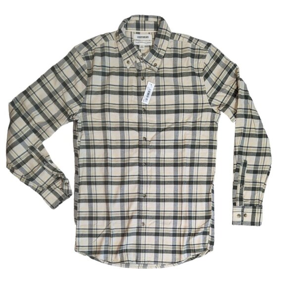 Good Threads Mens Beige Plaid Flannel Button Down Shirt - Picture 1 of 4
